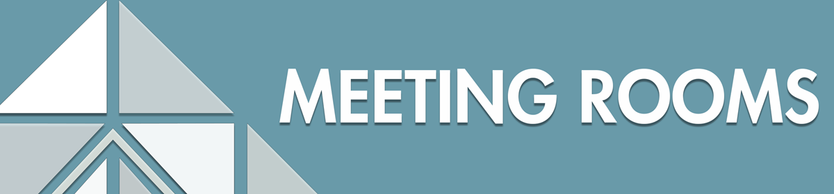 Teal background with white text saying 'Meeting Rooms' next to a geometric triangle design. Clean and informative tone.